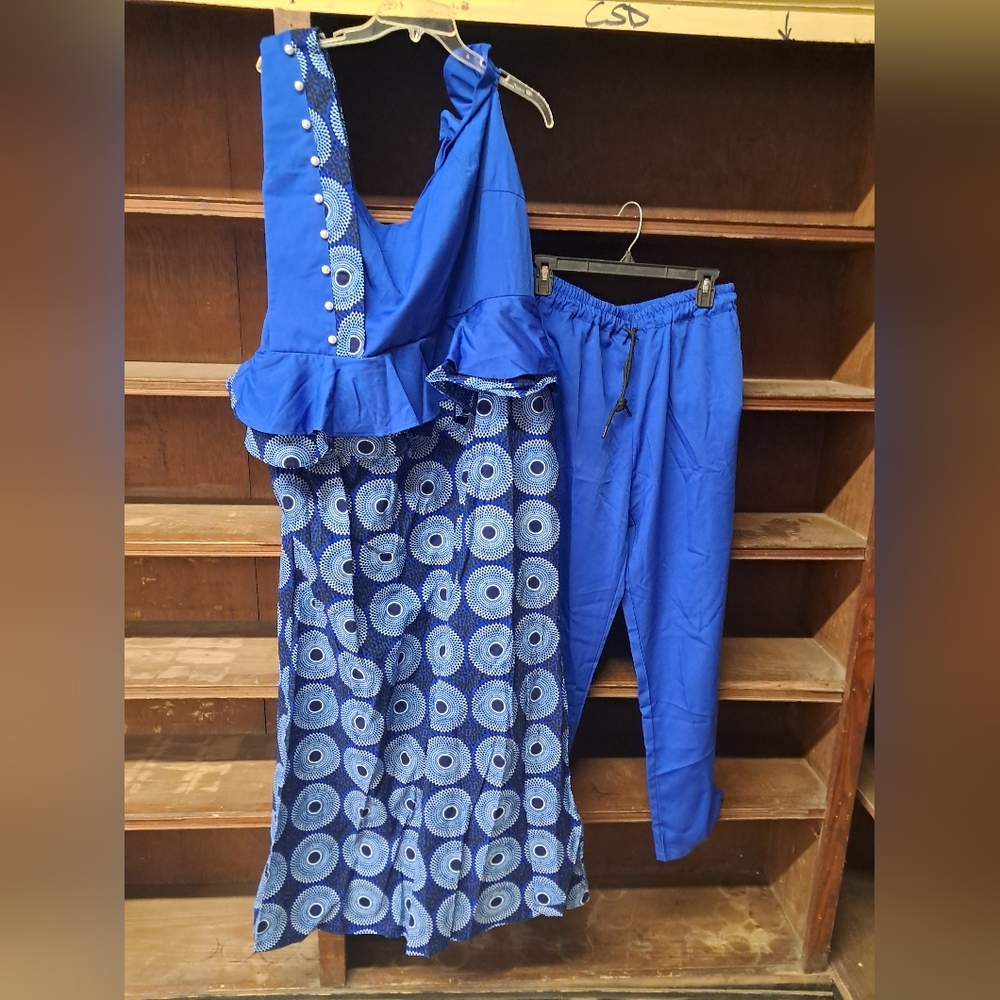 Plus Size Stylish Blue Women's Dress And Pant Set